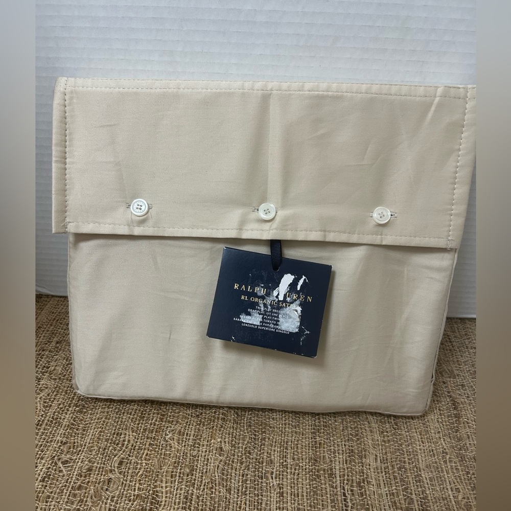 Ralph Lauren Organic Sateen Border Twin Flat Sheet‎ In Coastal Sand. NWT $115
